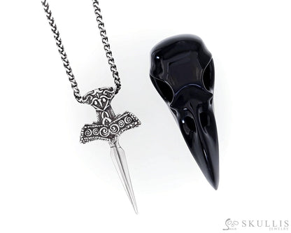 Gem Raven Skull Pendant Necklace of Black Obsidian Carved Raven Skull with Silver Sword Necklace Skull Pendants