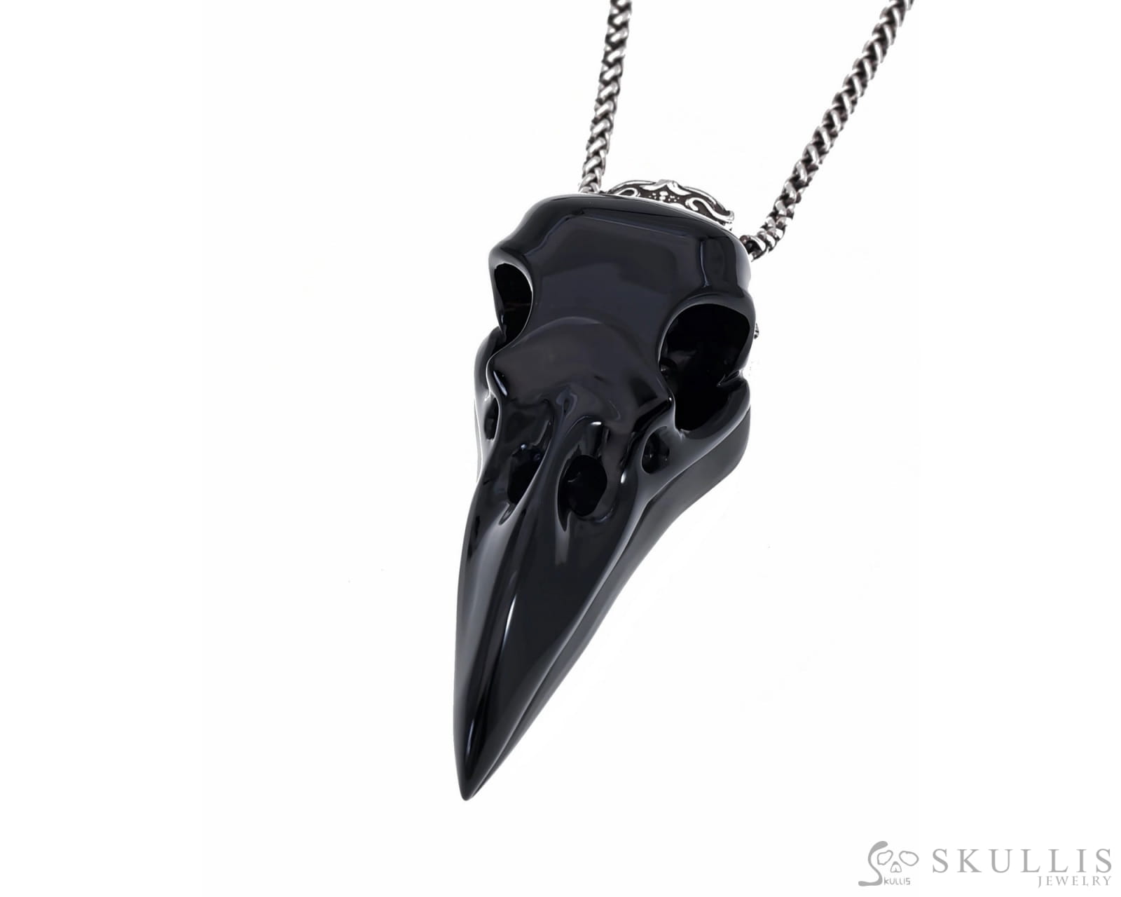 Gem Raven Skull Pendant Necklace of Black Obsidian Carved Raven Skull with Silver Sword Necklace Skull Pendants