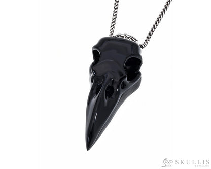 Gem Raven Skull Pendant Necklace of Black Obsidian Carved Raven Skull with Silver Sword Necklace Skull Pendants