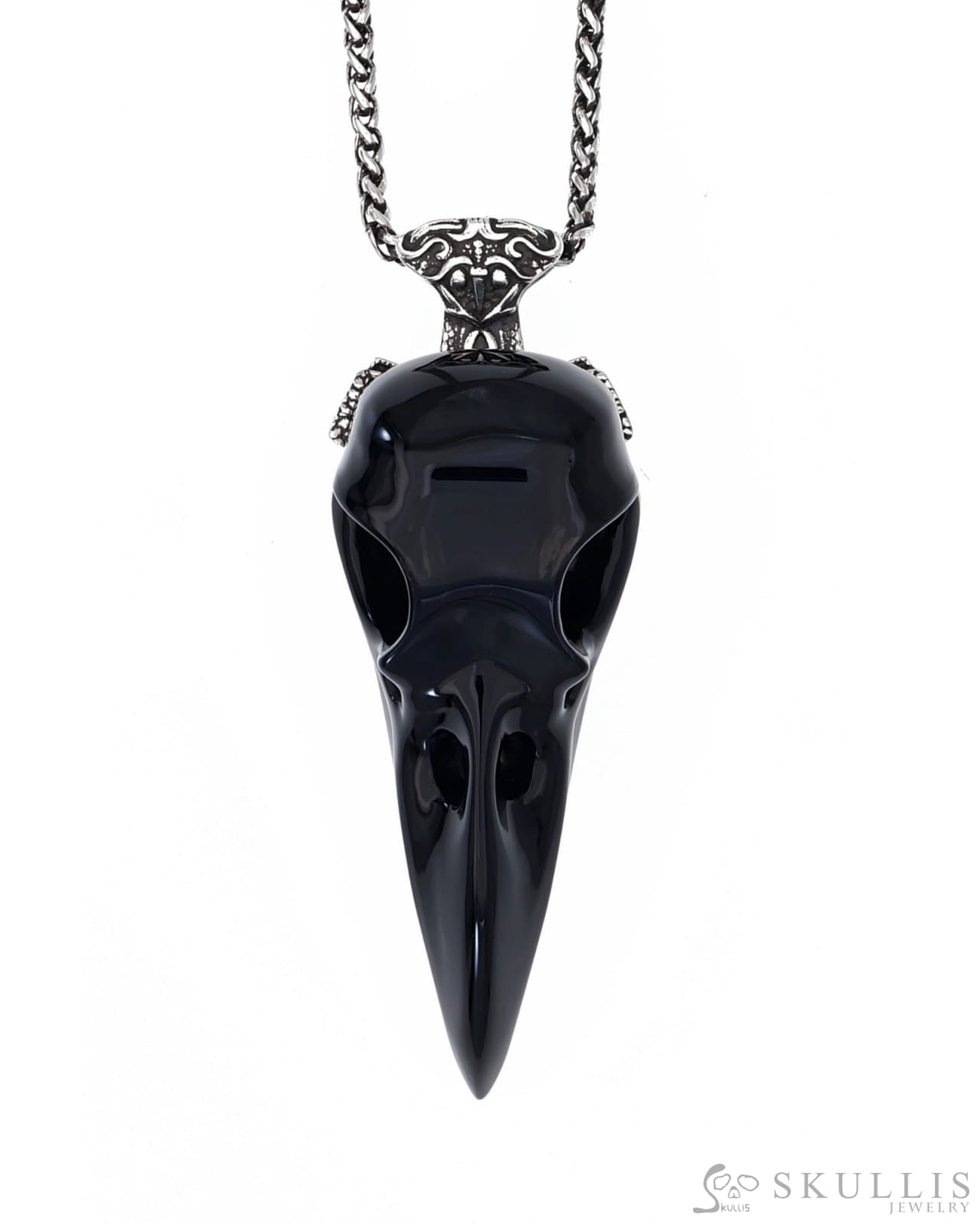 Gem Raven Skull Pendant Necklace of Black Obsidian Carved Raven Skull with Silver Sword Necklace Skull Pendants