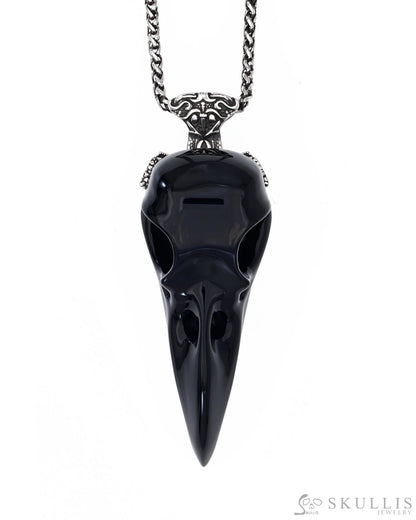 Gem Raven Skull Pendant Necklace of Black Obsidian Carved Raven Skull with Silver Sword Necklace Skull Pendants