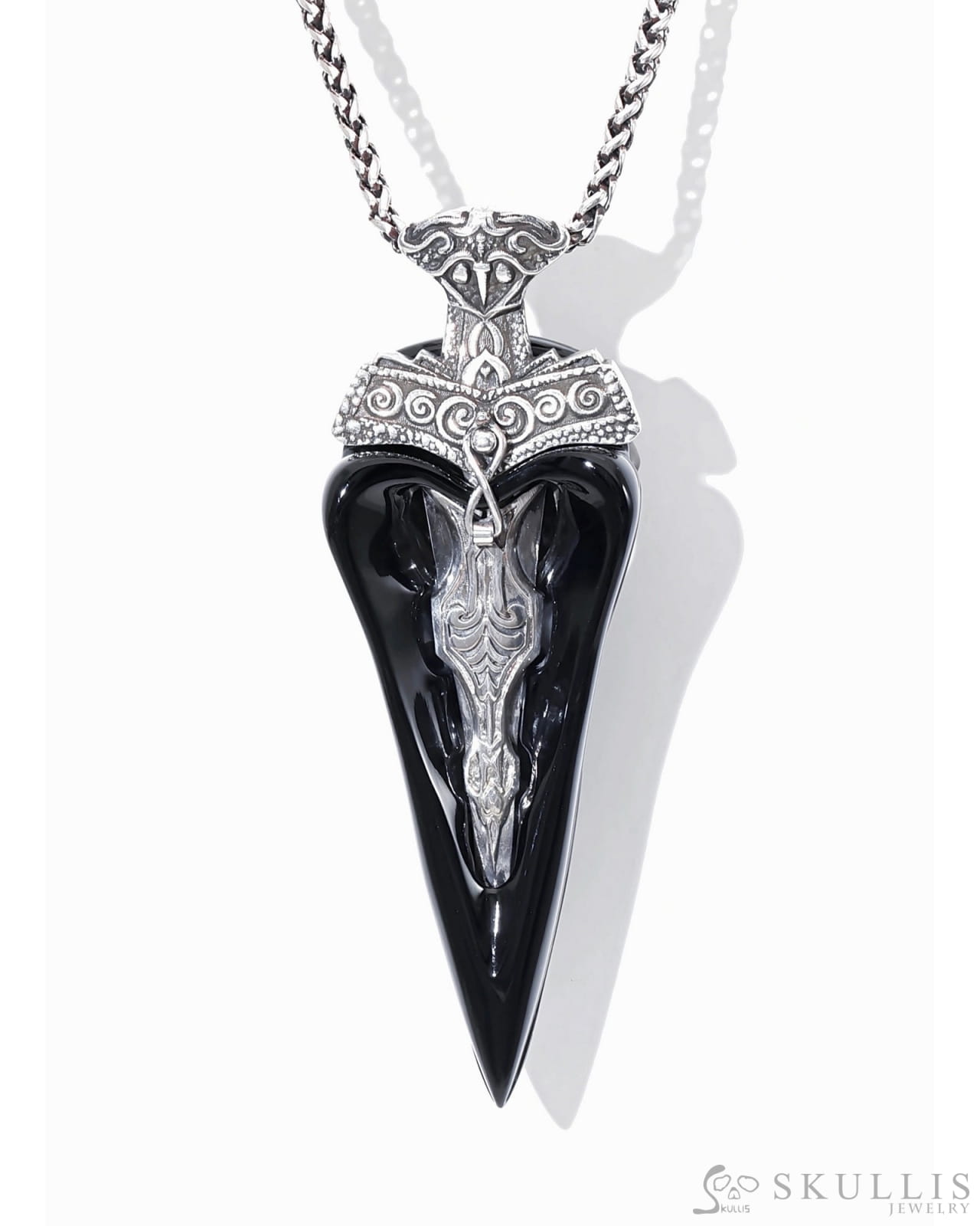 Gem Raven Skull Pendant Necklace of Black Obsidian Carved Raven Skull with Silver Sword Necklace Skull Pendants