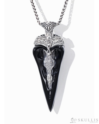 Gem Raven Skull Pendant Necklace of Black Obsidian Carved Raven Skull with Silver Sword Necklace Skull Pendants