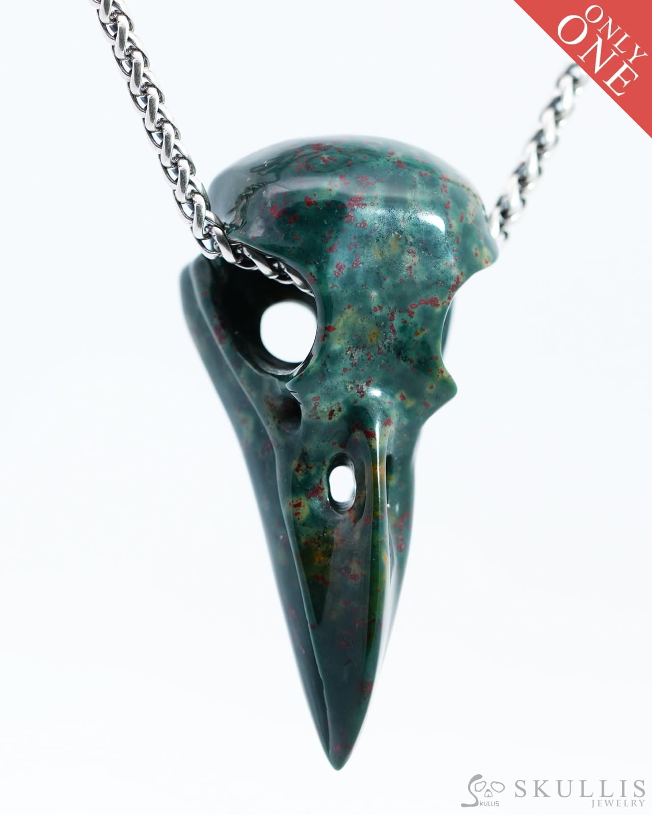 Skullis Signature Bloodstone Gem Skull Pendant Or Necklace Hand Carved Sterling Silver 925 Chain