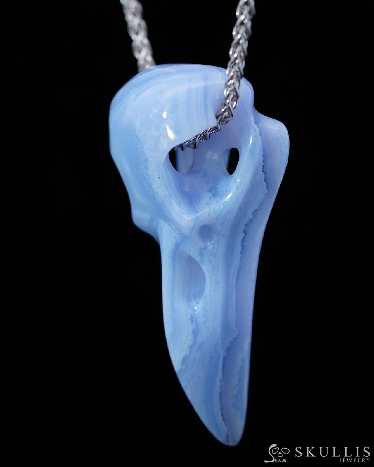 Gem Raven Skull Pendant Necklace of Blue Lace Agate Crystal Raven Pendant - 9800165 Skull Pendants