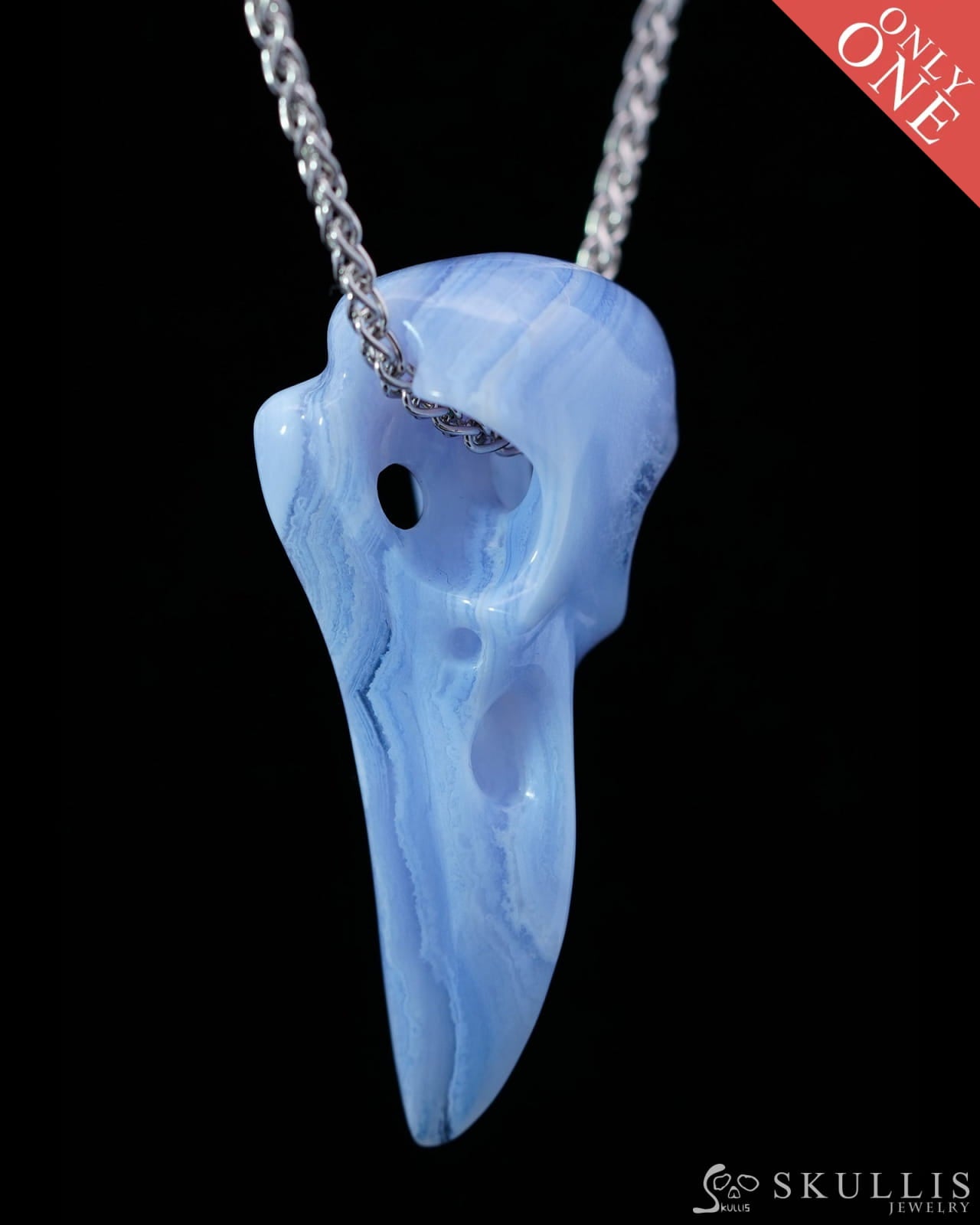 Gem Raven Skull Pendant Necklace of Blue Lace Agate Crystal Raven Pendant - 9800165 Skull Pendants