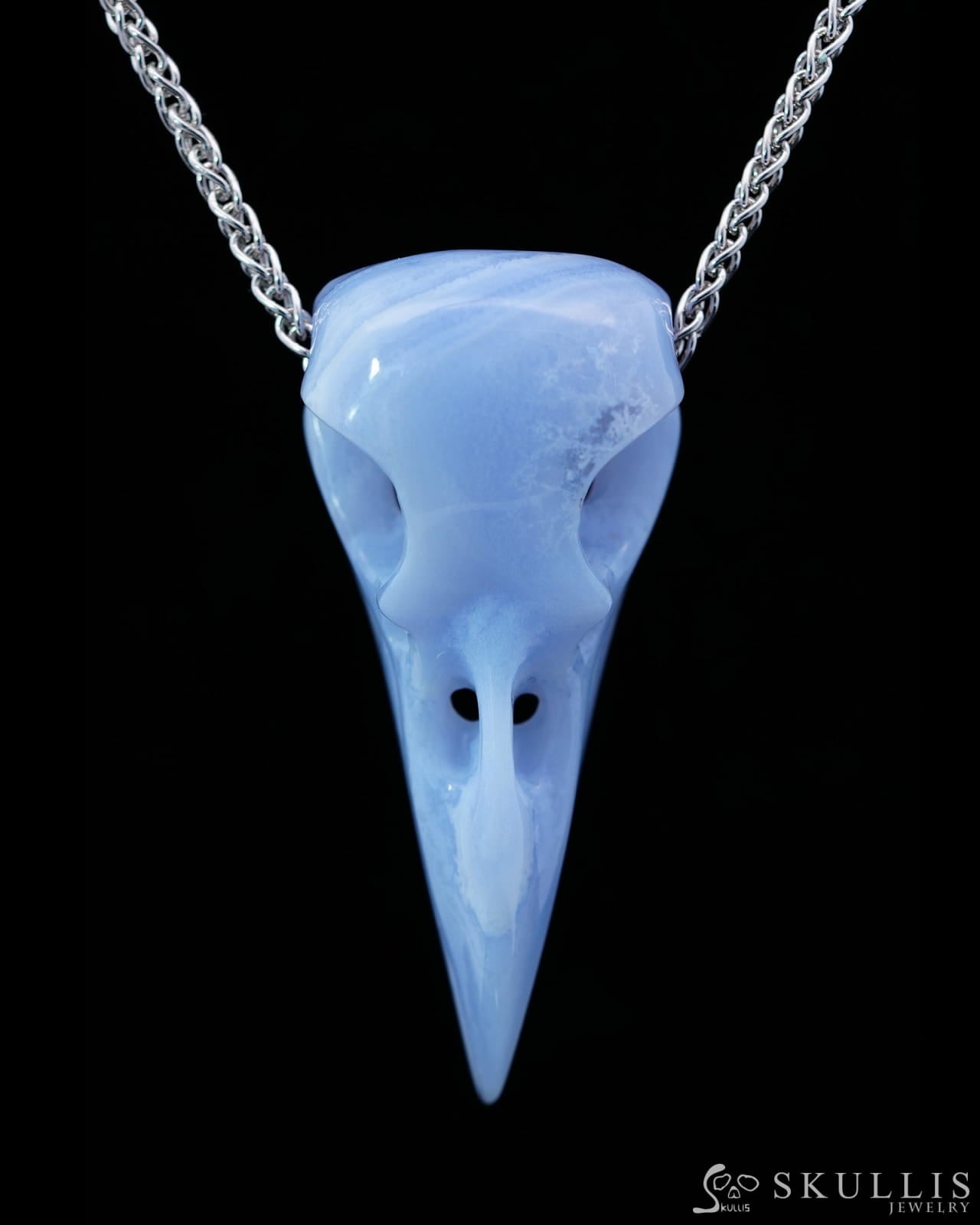 Gem Raven Skull Pendant Necklace of Blue Lace Agate Crystal Raven Pendant - 9800165 Skull Pendants