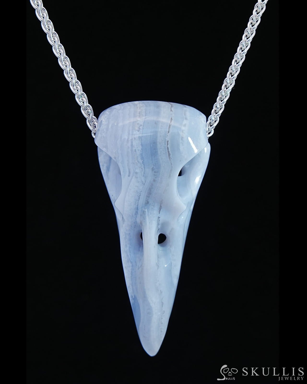 Gem Raven Skull Pendant Necklace Of Blue Lace Agate Crystal - 9800171 Pendants