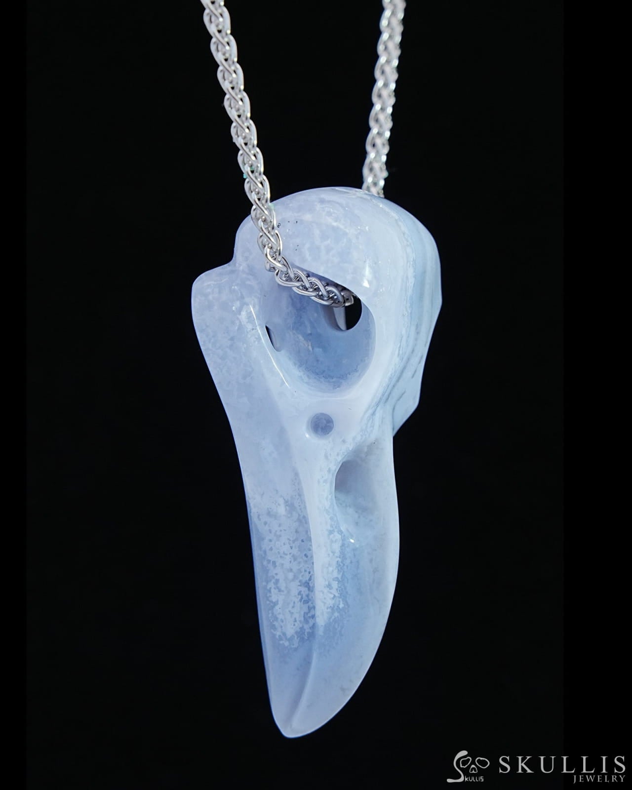 Gem Raven Skull Pendant Necklace Of Blue Lace Agate Crystal - 9800171 Pendants