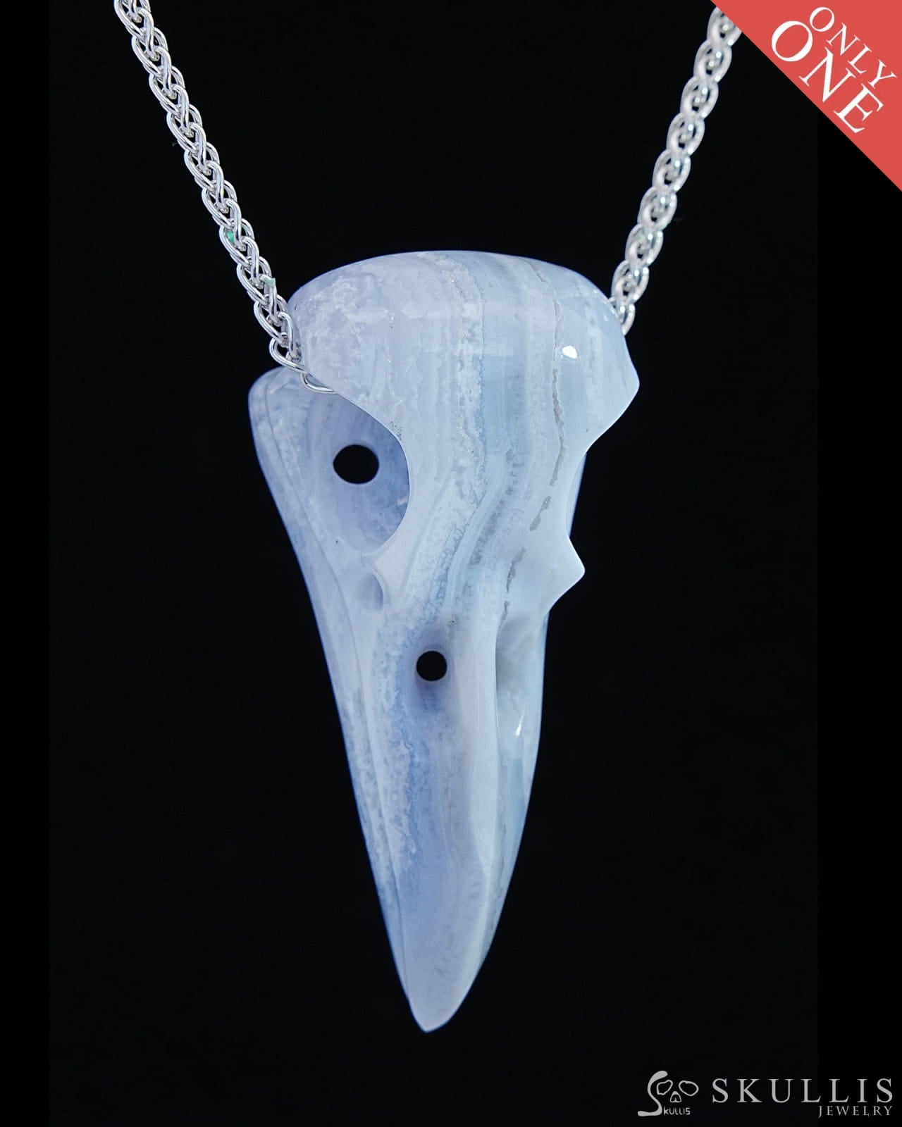 Gem Raven Skull Pendant Necklace Of Blue Lace Agate Crystal - 9800171 Pendants