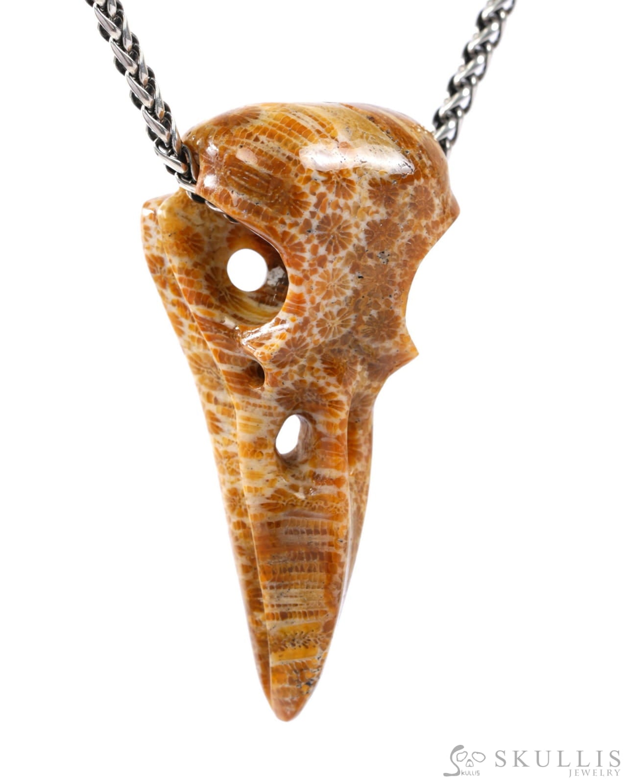 Gem Raven Skull Pendant Necklace of Coral Fossil Crystal Raven Pendant - 9500316 Skull Pendants