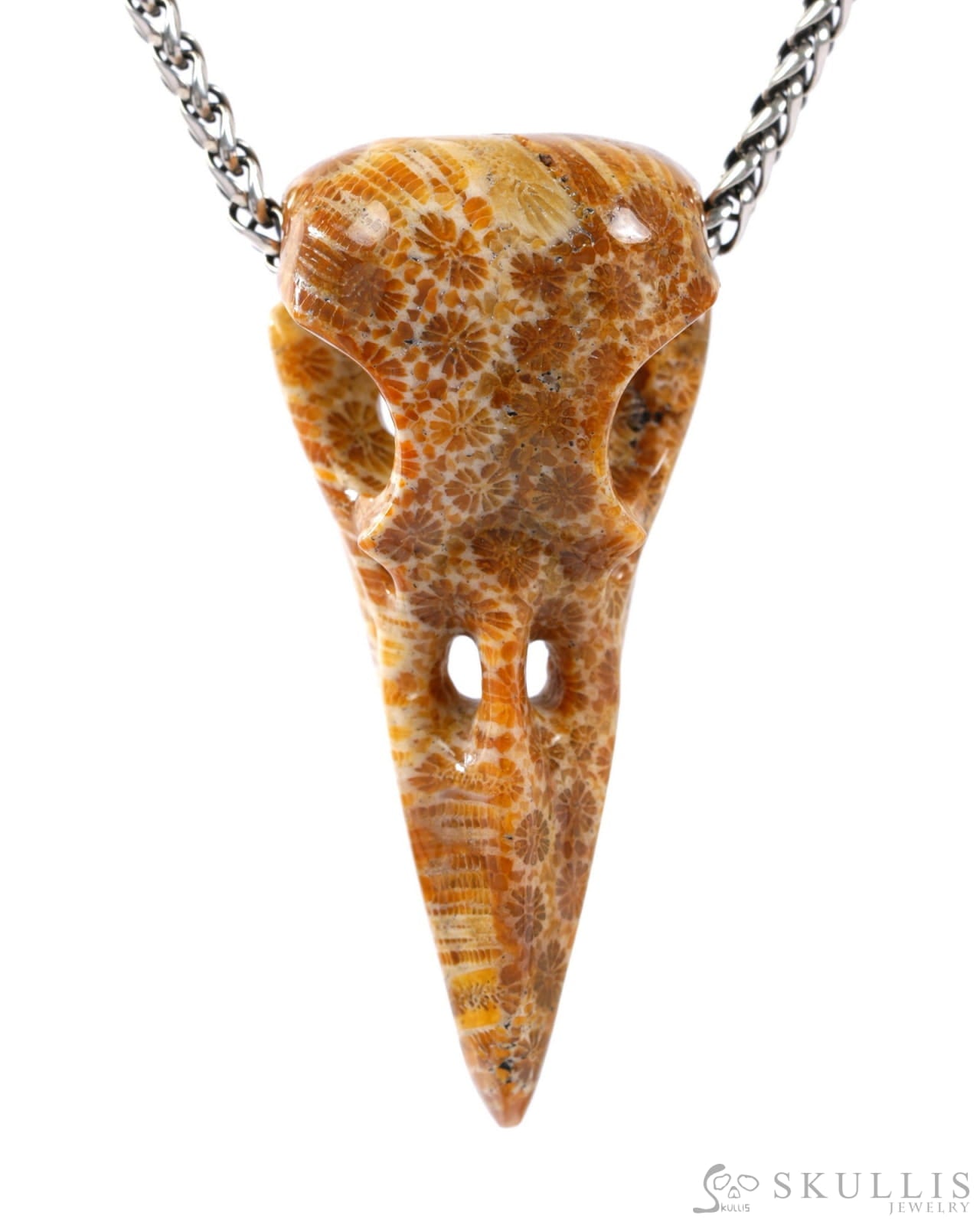 Gem Raven Skull Pendant Necklace of Coral Fossil Crystal Raven Pendant - 9500316 Skull Pendants
