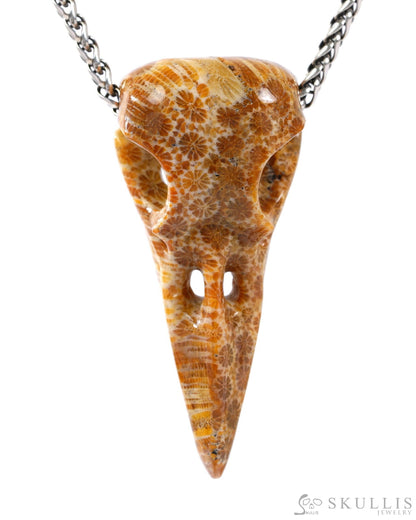 Gem Raven Skull Pendant Necklace of Coral Fossil Crystal Raven Pendant - 9500316 Skull Pendants