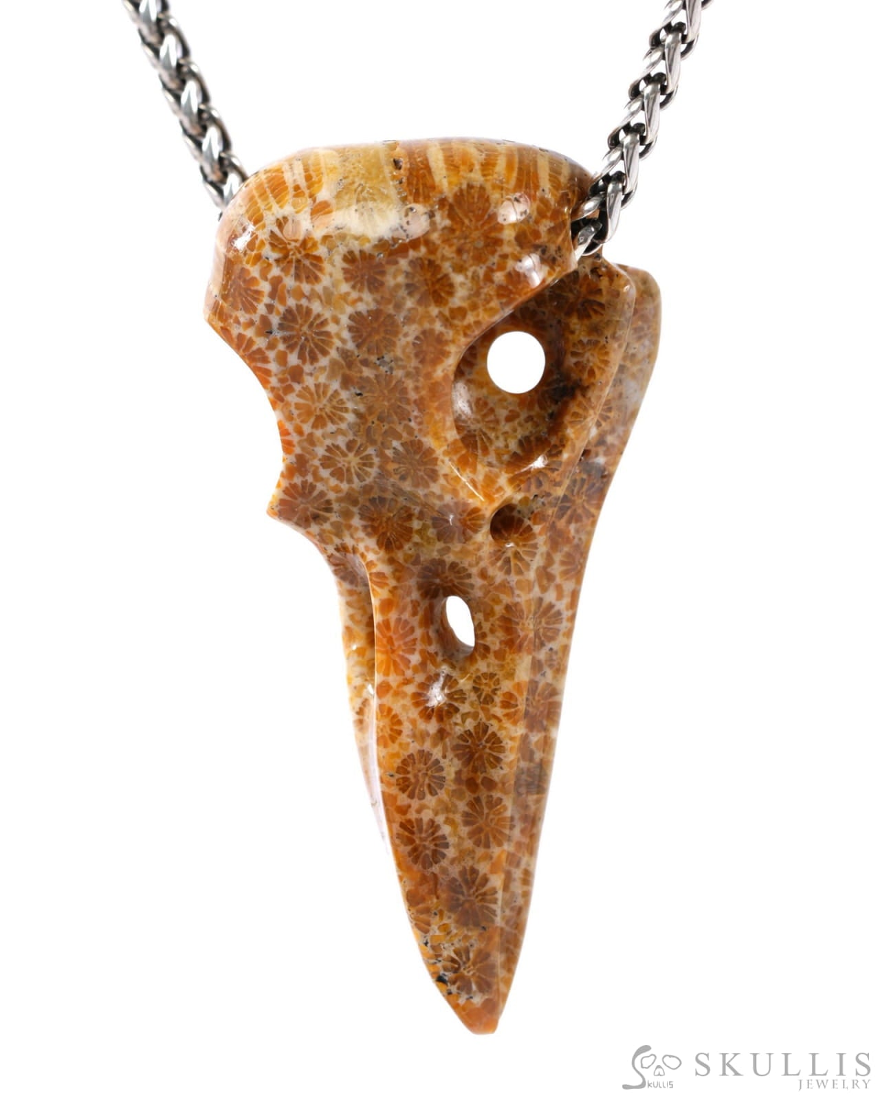 Gem Raven Skull Pendant Necklace of Coral Fossil Crystal Raven Pendant - 9500316 Skull Pendants