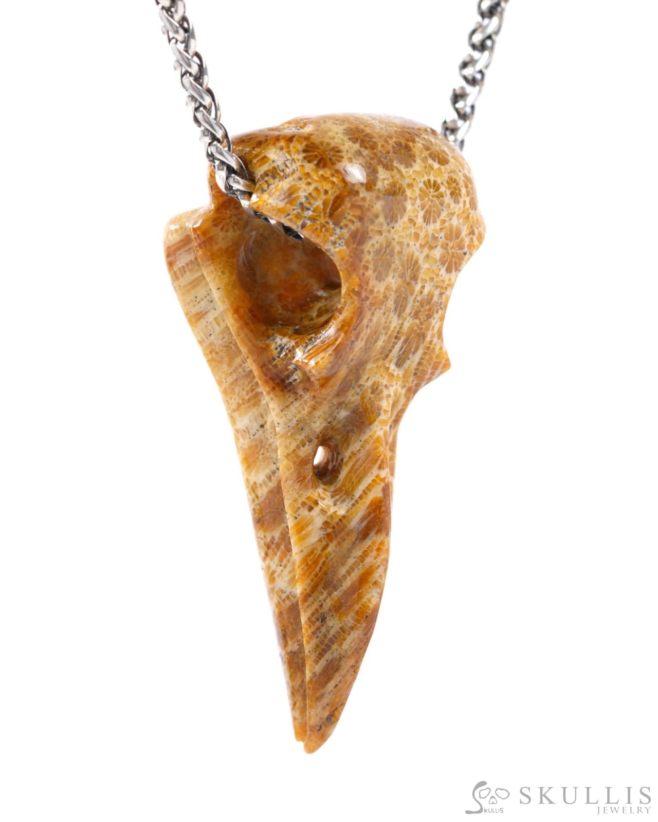 Gem Raven Skull Pendant Necklace of Coral Fossil Crystal Raven Pendant - 9500317 Skull Pendants
