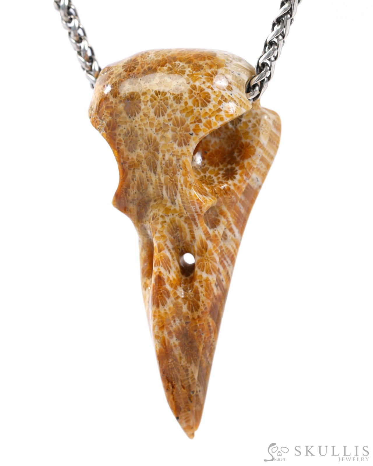 Gem Raven Skull Pendant Necklace of Coral Fossil Crystal Raven Pendant - 9500317 Skull Pendants