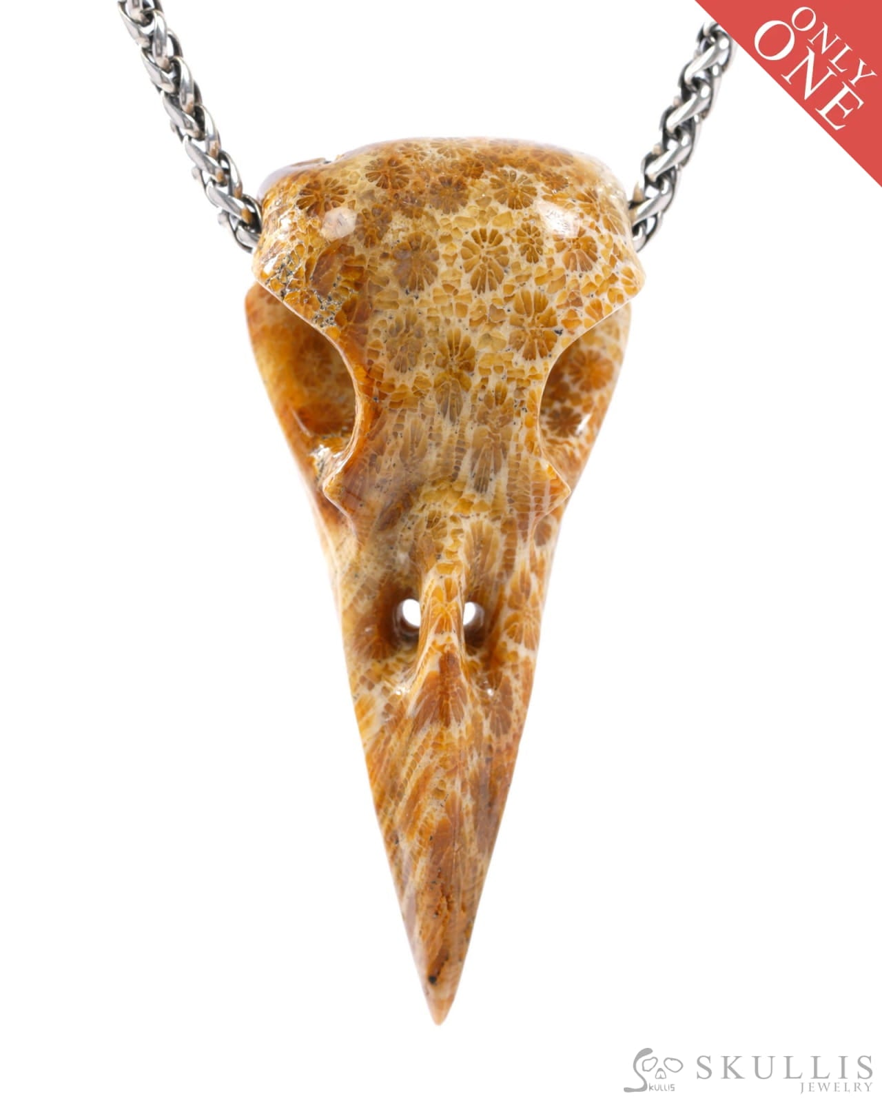 Gem Raven Skull Pendant Necklace of Coral Fossil Crystal Raven Pendant - 9500317 Skull Pendants