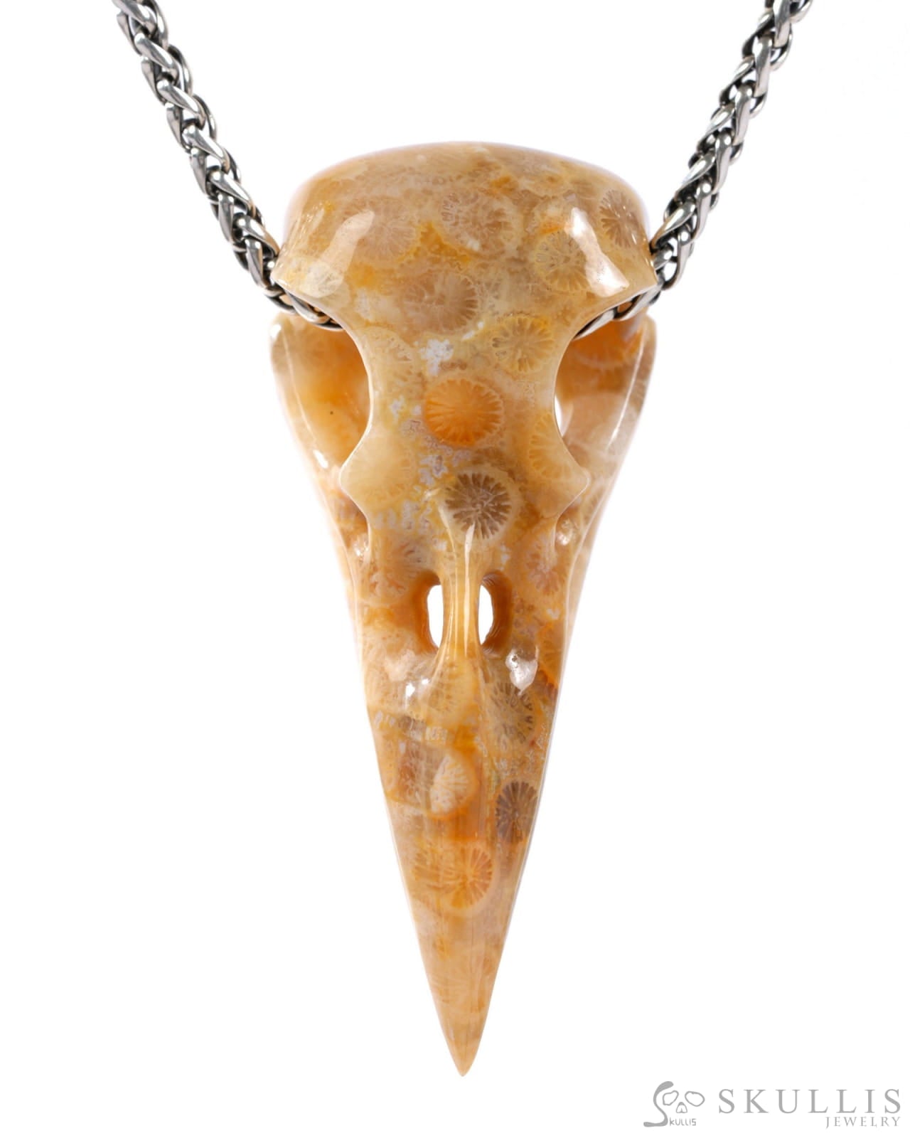 Gem Raven Skull Pendant Necklace of Coral Fossil Crystal Raven Pendant - 9500318 Skull Pendants
