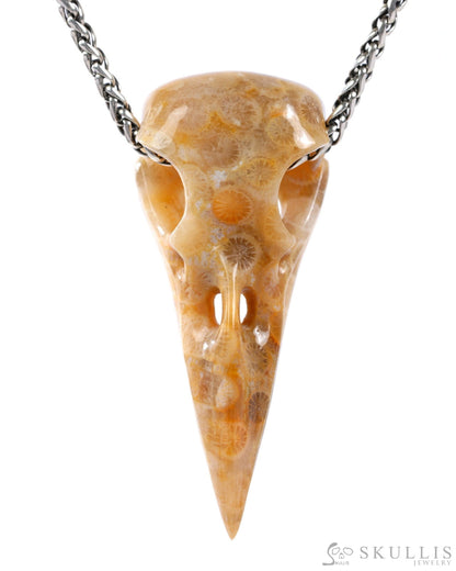 Gem Raven Skull Pendant Necklace of Coral Fossil Crystal Raven Pendant - 9500318 Skull Pendants