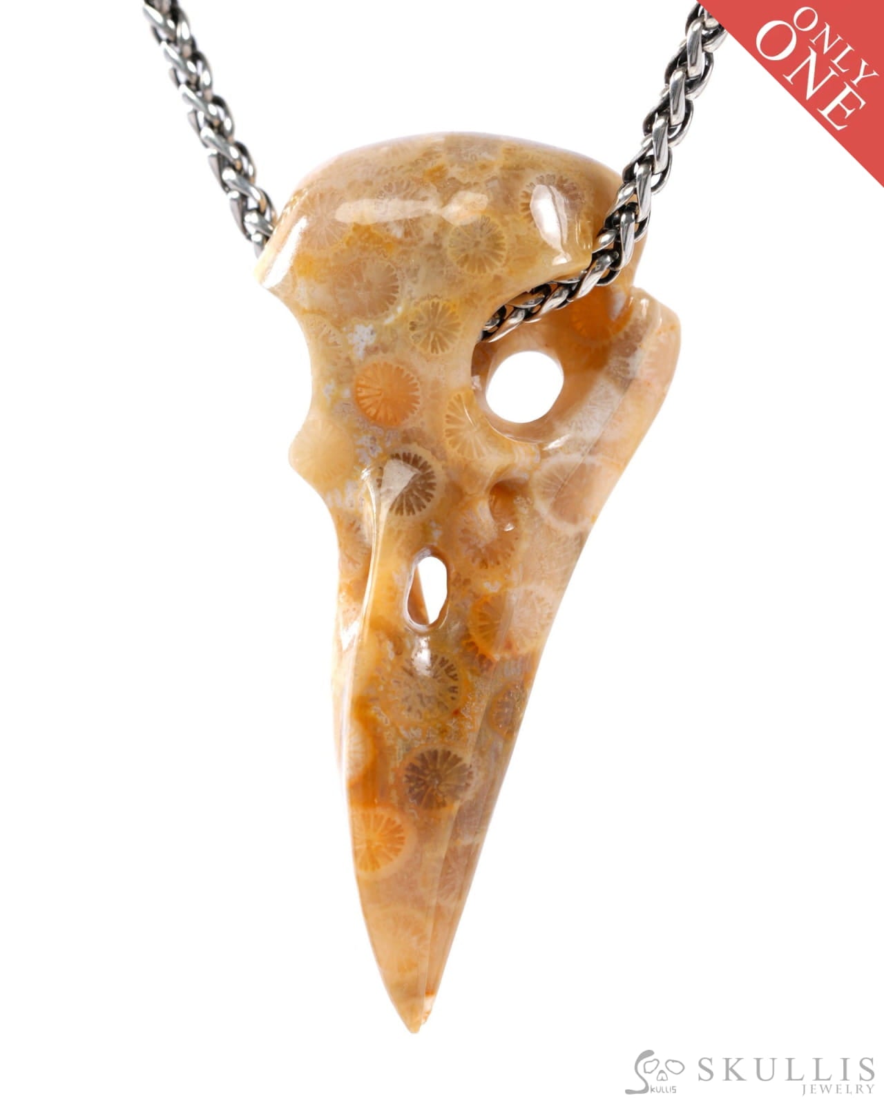 Gem Raven Skull Pendant Necklace of Coral Fossil Crystal Raven Pendant - 9500318 Skull Pendants