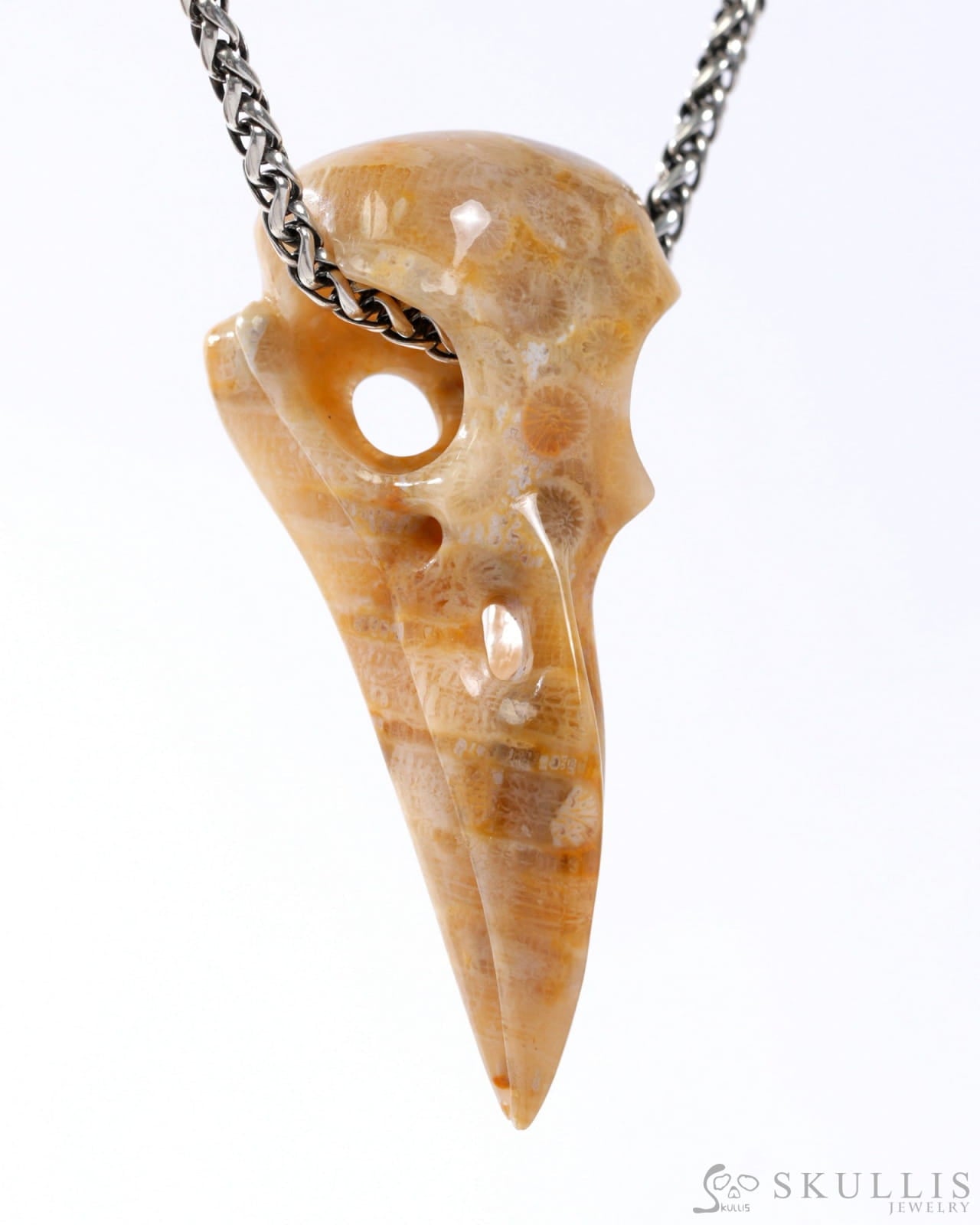 Gem Raven Skull Pendant Necklace of Coral Fossil Crystal Raven Pendant - 9500318 Skull Pendants