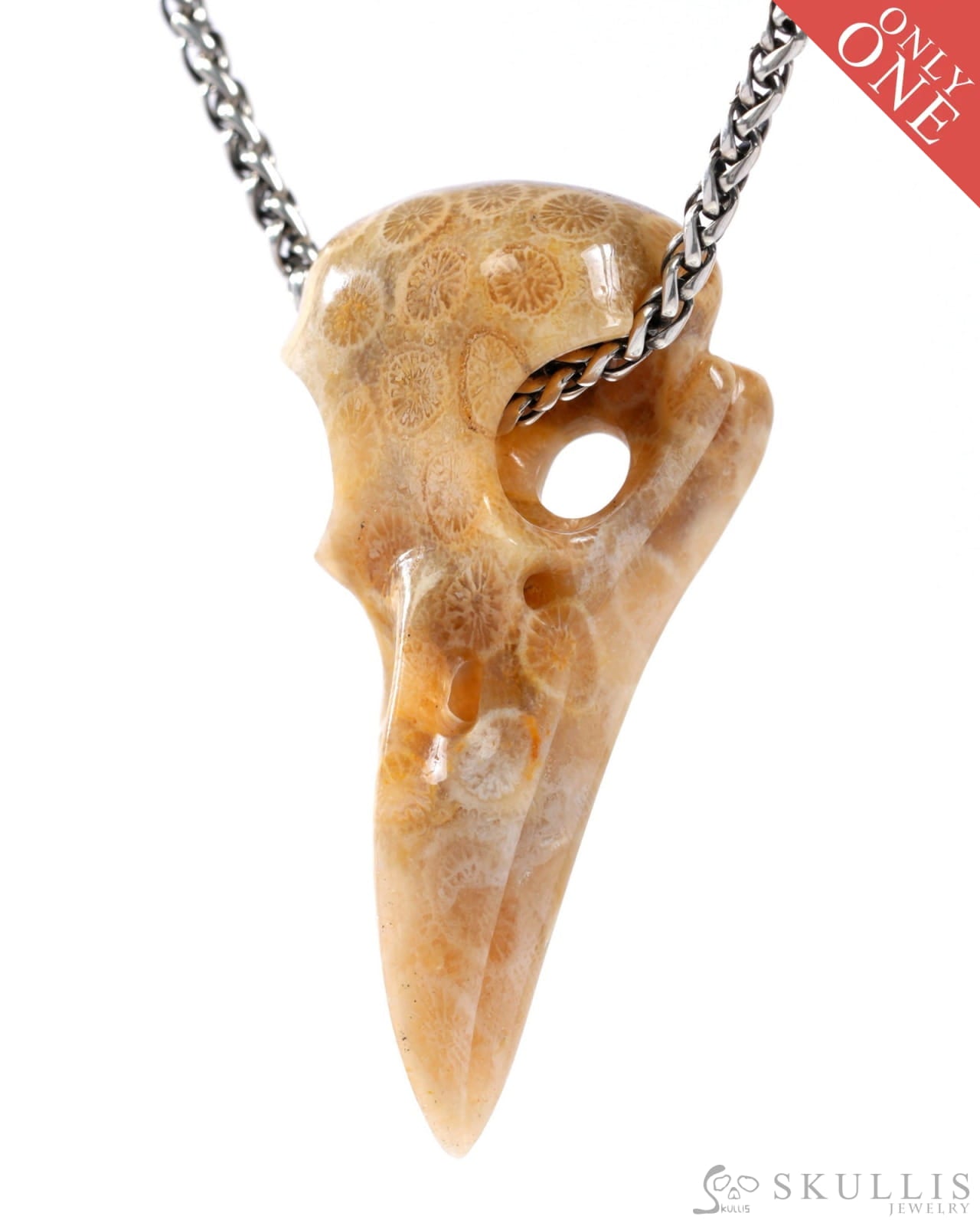 Gem Raven Skull Pendant Necklace of Coral Fossil Crystal Raven Pendant - 9500319 Skull Pendants