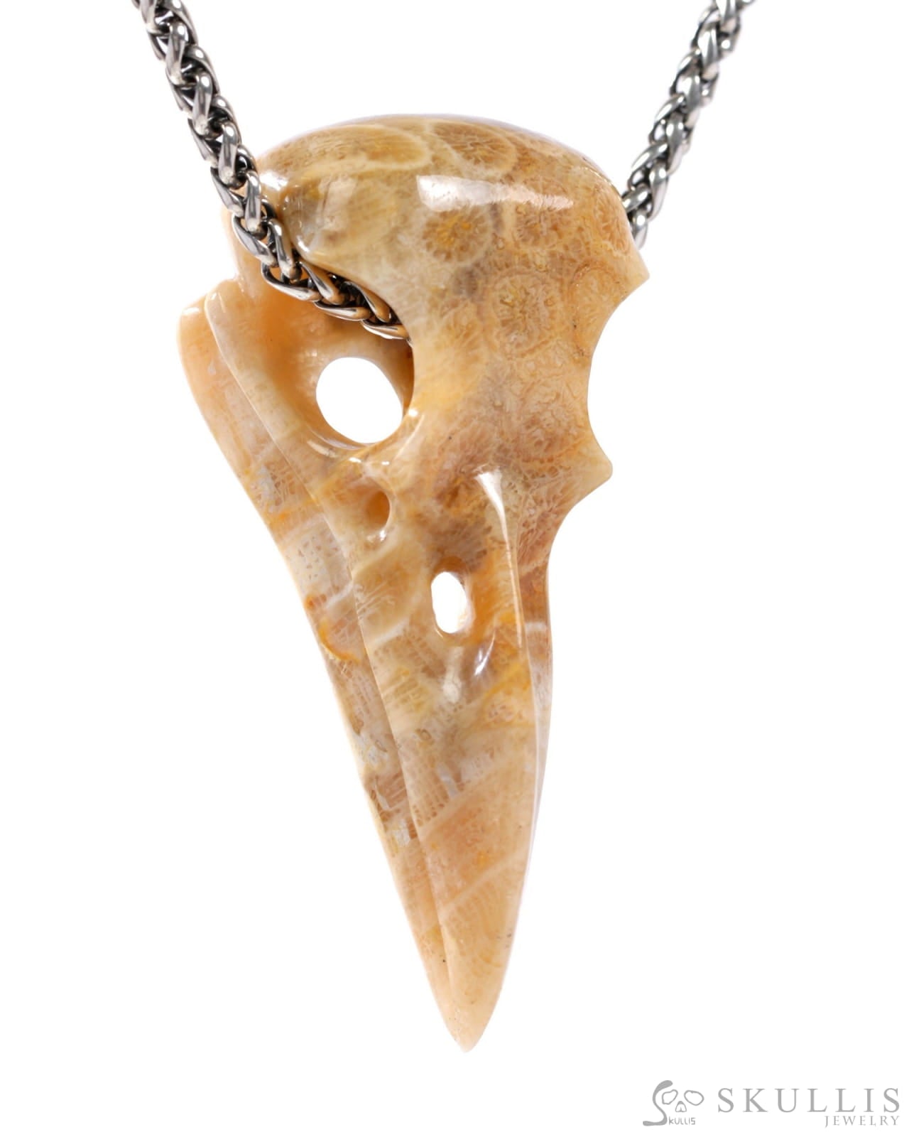 Gem Raven Skull Pendant Necklace of Coral Fossil Crystal Raven Pendant - 9500319 Skull Pendants
