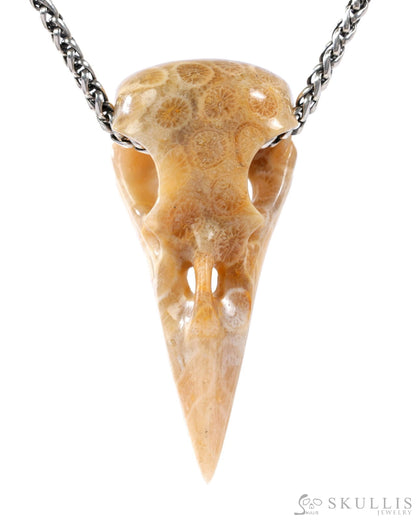 Gem Raven Skull Pendant Necklace of Coral Fossil Crystal Raven Pendant - 9500319 Skull Pendants