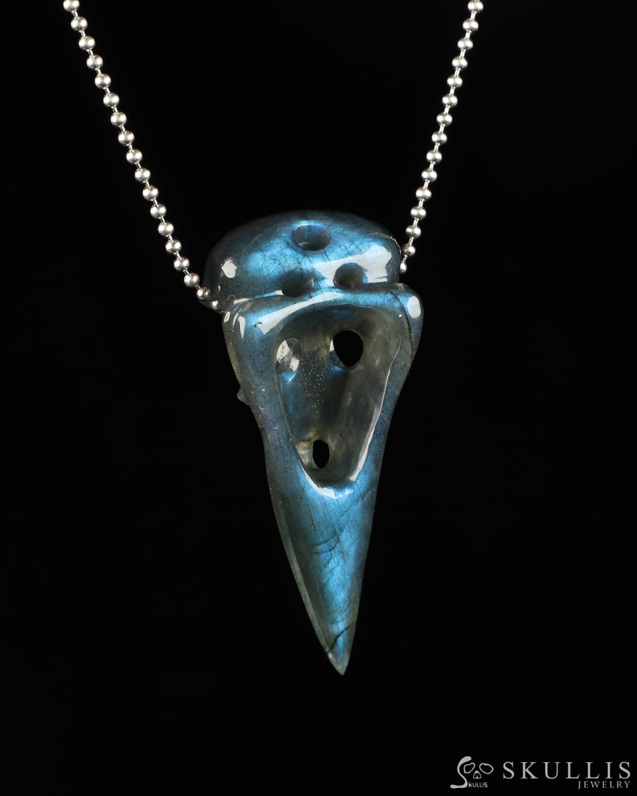 Gem Raven Pendant Necklace Of Flash Labradorite Carved Raven Skull Pendants