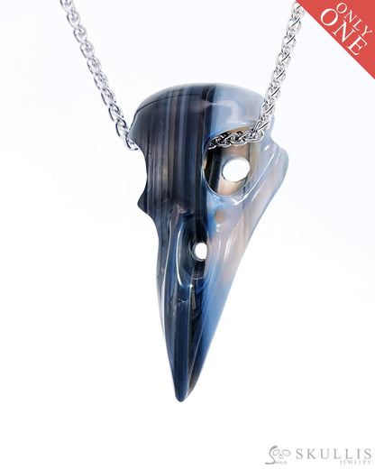 Gem Raven Skull Pendant Necklace Of Gray & White Agate Crystal - 9800173 Pendants
