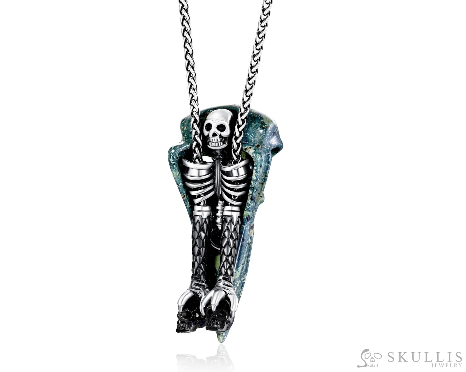 Gem Skull Pendant Necklace Of Kambaba Jasper Raven & Black Obsidian Carved Skull With