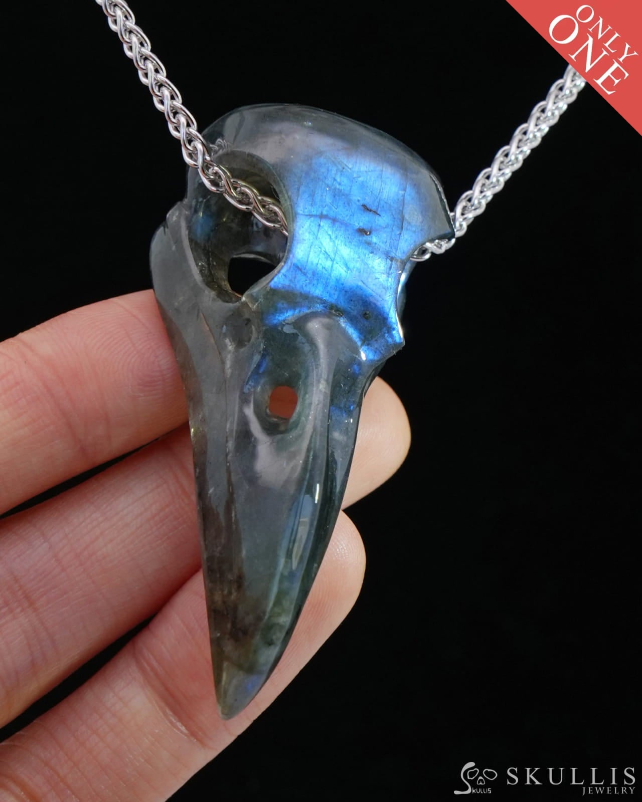 Gem Raven Skull Pendant Necklace of Labradorite Carved Raven Skull - 9800168 Skull Pendants