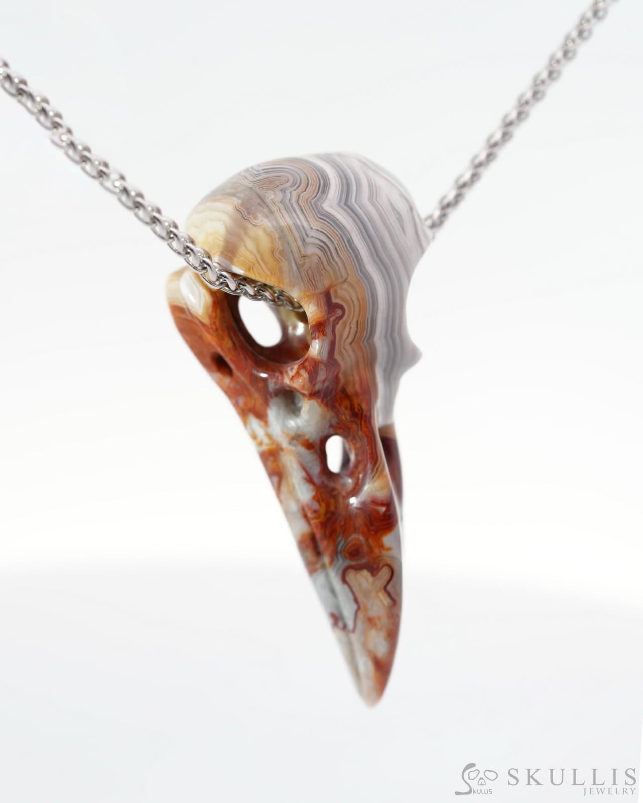 Gem Raven Skull Pendant Necklace of Red Crazy Lace Agate Carved Raven Skull - 0500015 Skull Pendants