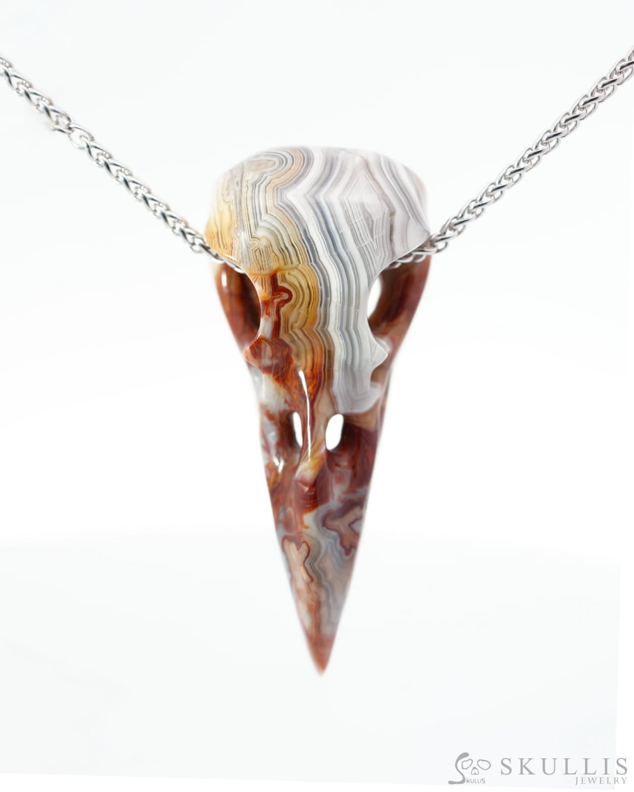 Gem Raven Skull Pendant Necklace of Red Crazy Lace Agate Carved Raven Skull - 0500015 Skull Pendants