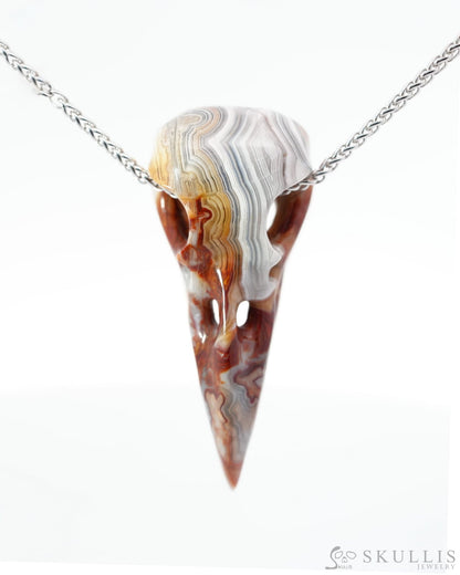 Gem Raven Skull Pendant Necklace of Red Crazy Lace Agate Carved Raven Skull - 0500015 Skull Pendants