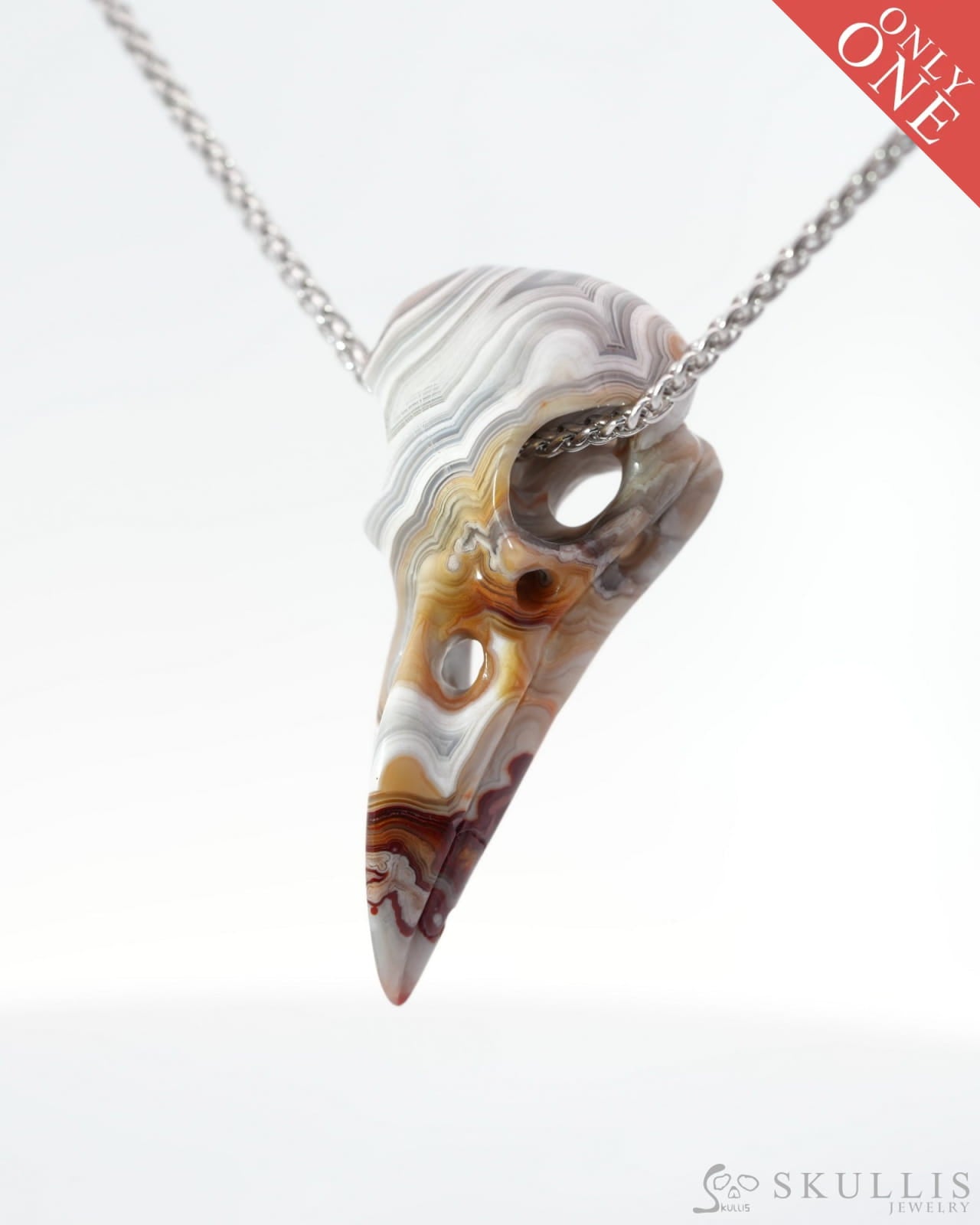 Gem Raven Pendant Necklace Of Red Crazy Lace Agate Carved Raven Skull - 0500016 Pendants