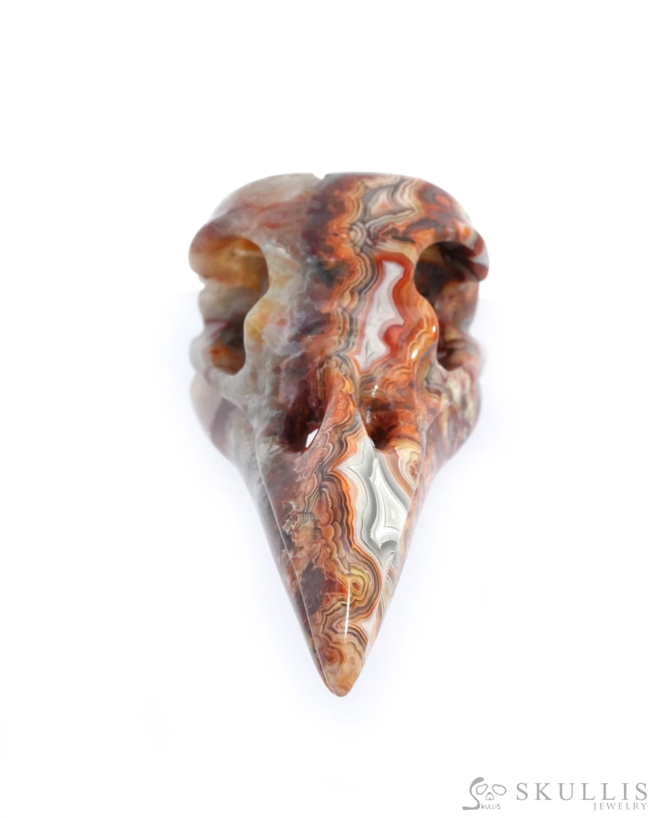 Gem Raven Skull Pendant Necklace Of Red Crazy Lace Agate Carved Raven - 9500162 Pendants