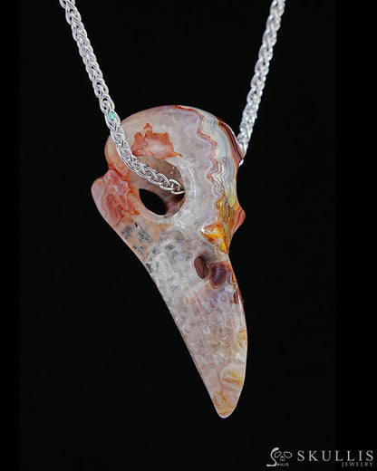 Gem Raven Skull Pendant Necklace Of Red Crazy Lace Agate Carved Raven - 9800176 Pendants