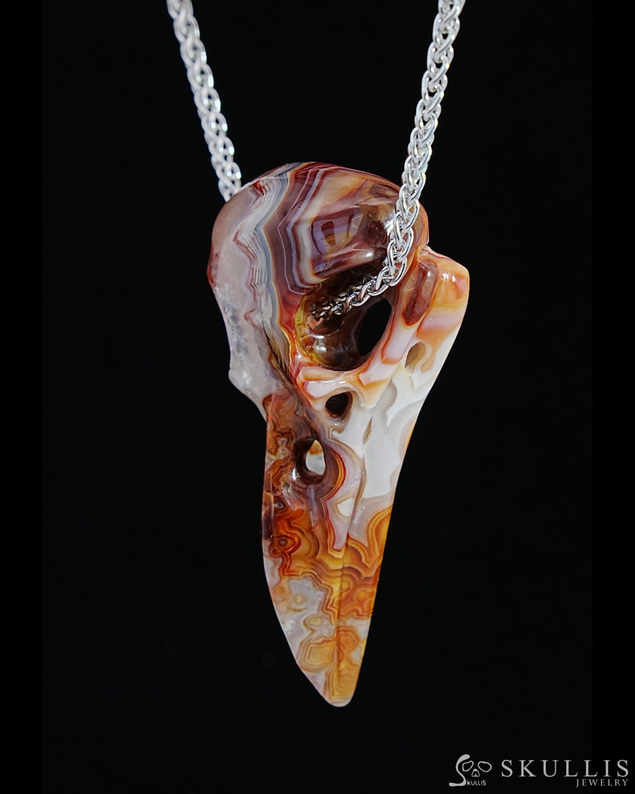 Gem Raven Skull Pendant Necklace Of Red Crazy Lace Agate Carved Raven - 9800176 Pendants