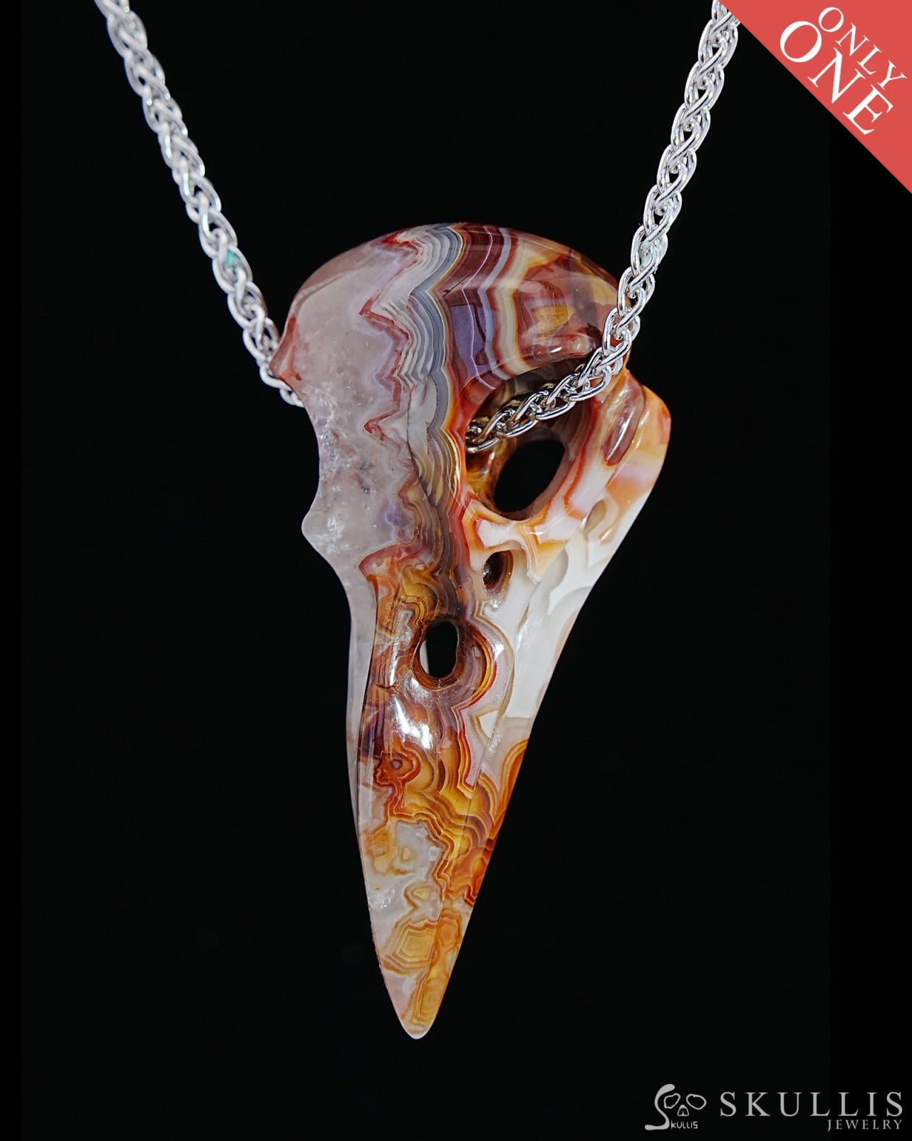 Gem Raven Skull Pendant Necklace Of Red Crazy Lace Agate Carved Raven - 9800176 Pendants