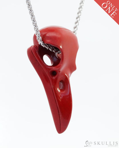 Gem Raven Skull Pendant Necklace Of Red Jasper Carved Raven - 9800140 Pendants