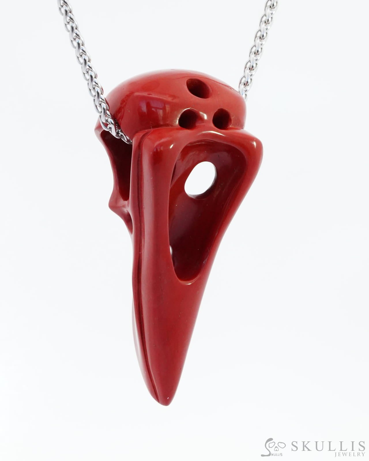 Gem Raven Skull Pendant Necklace Of Red Jasper Carved Raven - 9800140 Pendants