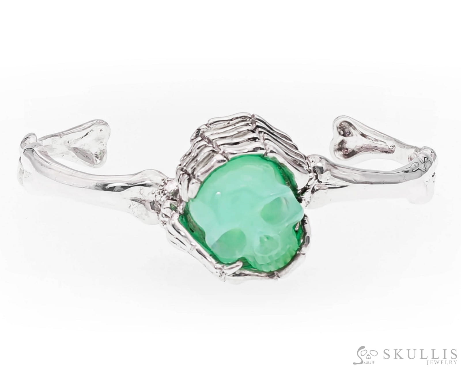 Gem Skull Bangle of Top Quality Chrysoprase Carved Skull in 925 Sterling Silver Skull Bangles