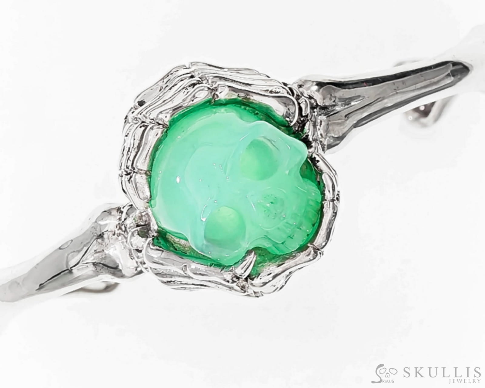 Gem Skull Bangle of Top Quality Chrysoprase Carved Skull in 925 Sterling Silver Skull Bangles