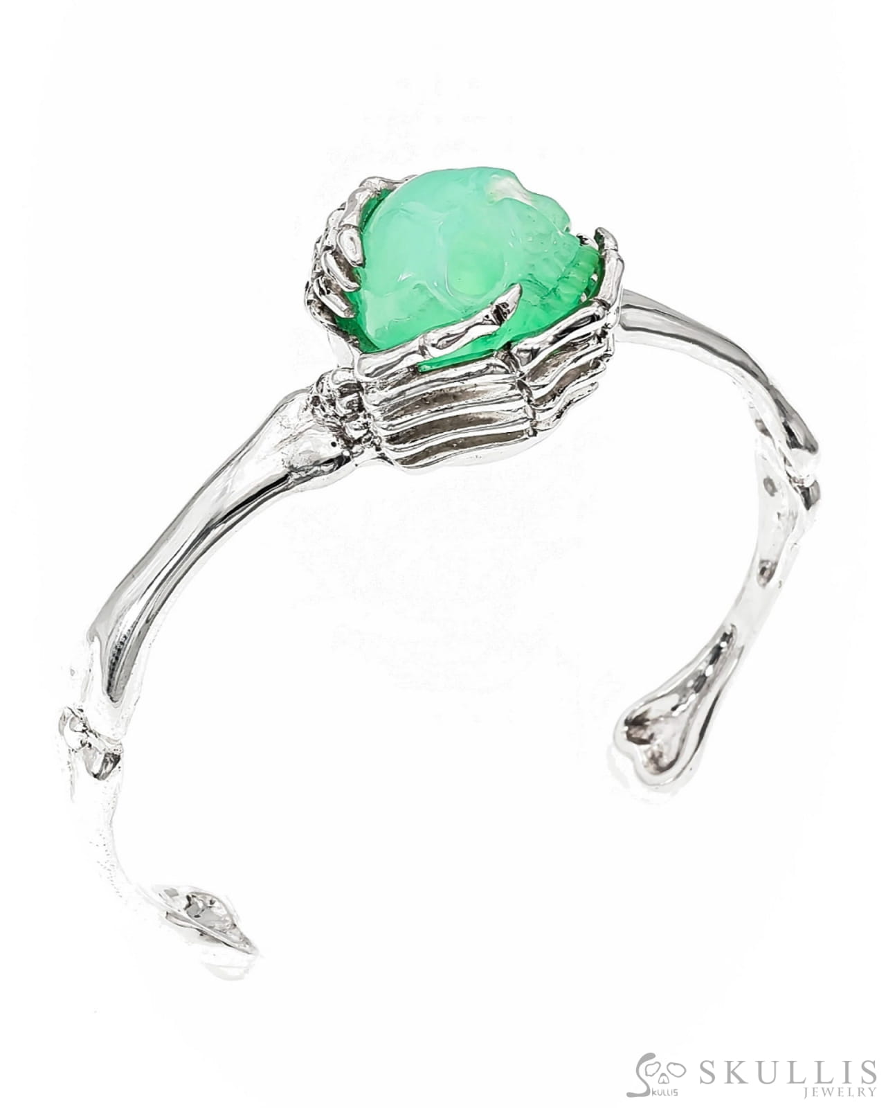 Gem Skull Bangle of Top Quality Chrysoprase Carved Skull in 925 Sterling Silver Skull Bangles