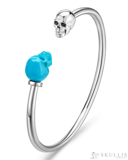 Gem Skull Bracelet of American Turquoise Carved Skull, 925 Sterling Silver