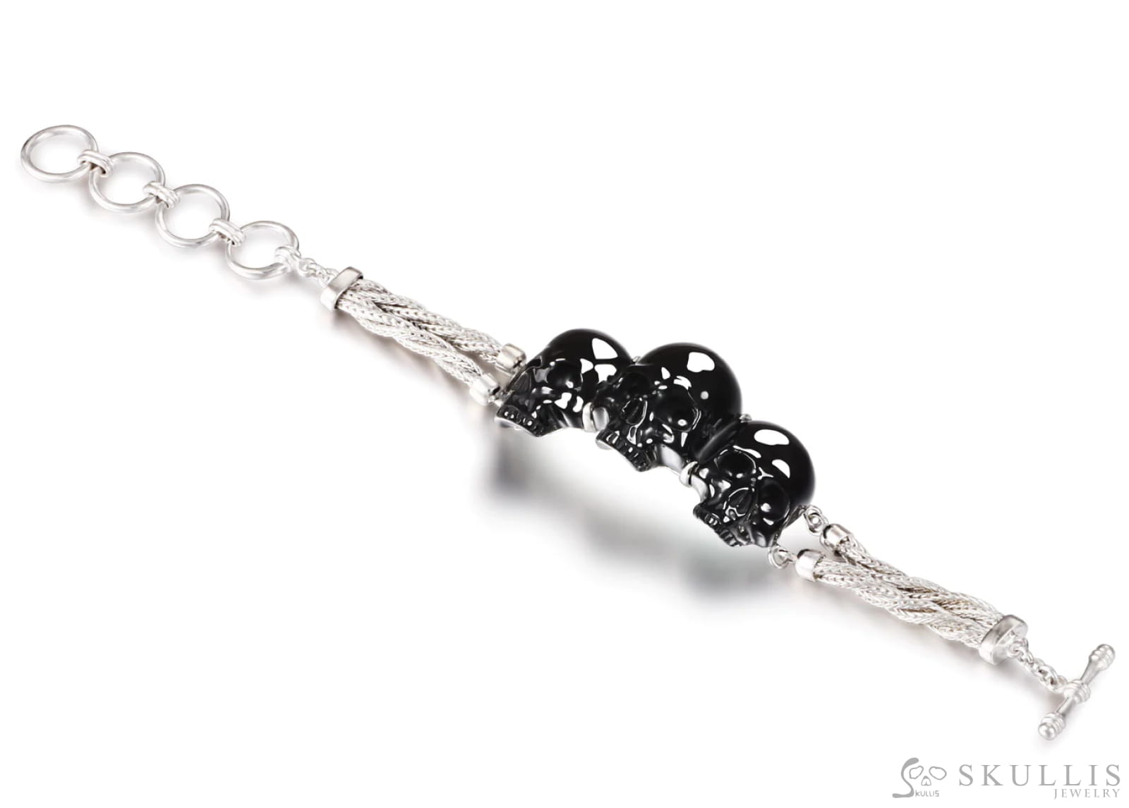 Gem Skull Bracelet Of Black Obsidian Carved Skull In 925 Sterling Silver Skull Bracelets