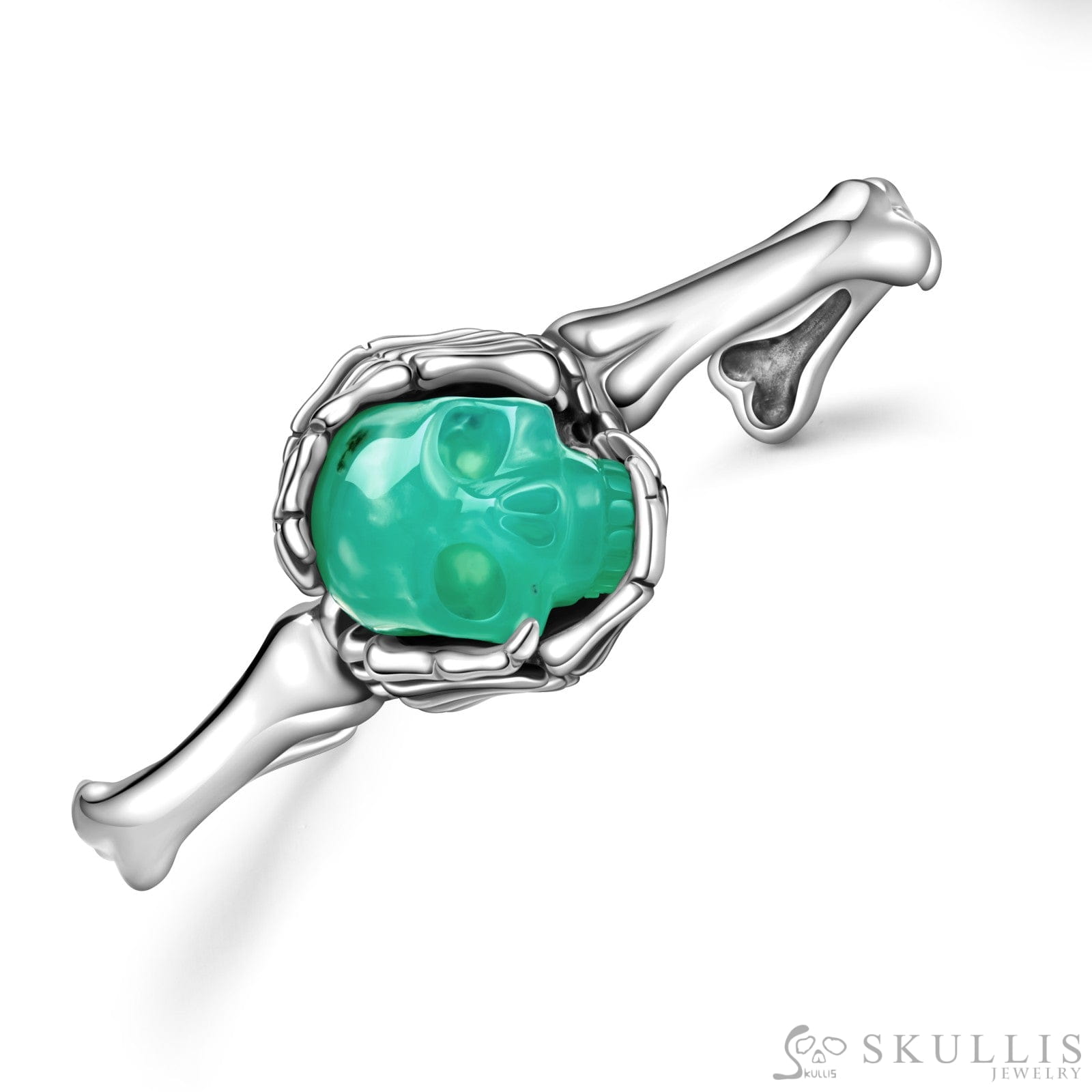 Gem Skull Bracelet of Chrysoprase Carved Skull in 925 Sterling Silver Skull Bracelets