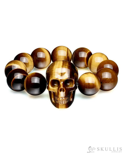 Gem Skull Bracelet Of Gold Tiger Eye Carved Skull & Beads Skull Bracelets