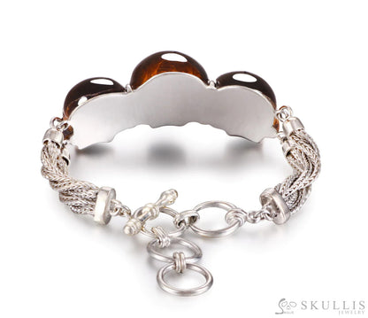 Gem Skull Bracelet Of Gold Tiger’s Eye Carved Skull In 925 Sterling Silver Skull Bracelets